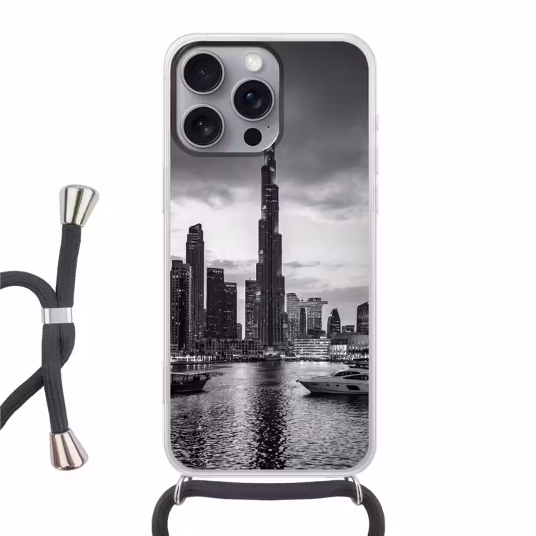 Stad - Skyline - Architectuur - Avond - Zwart-wit Hoesje iPhone 16 Pro Max met koord klein -3d