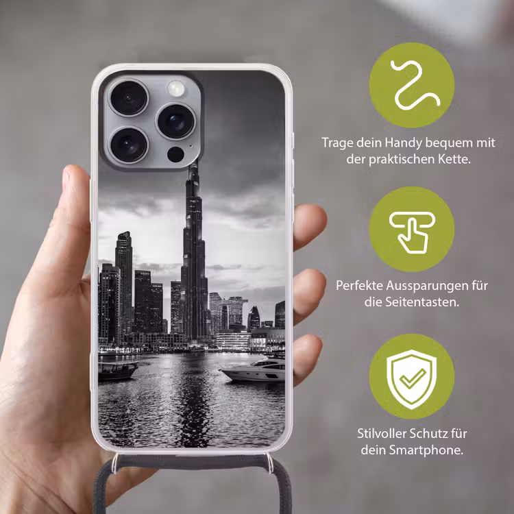 Stad - Skyline - Architectuur - Avond - Zwart-wit Hoesje iPhone 16 Pro Max met koord klein -sfeer2_DE