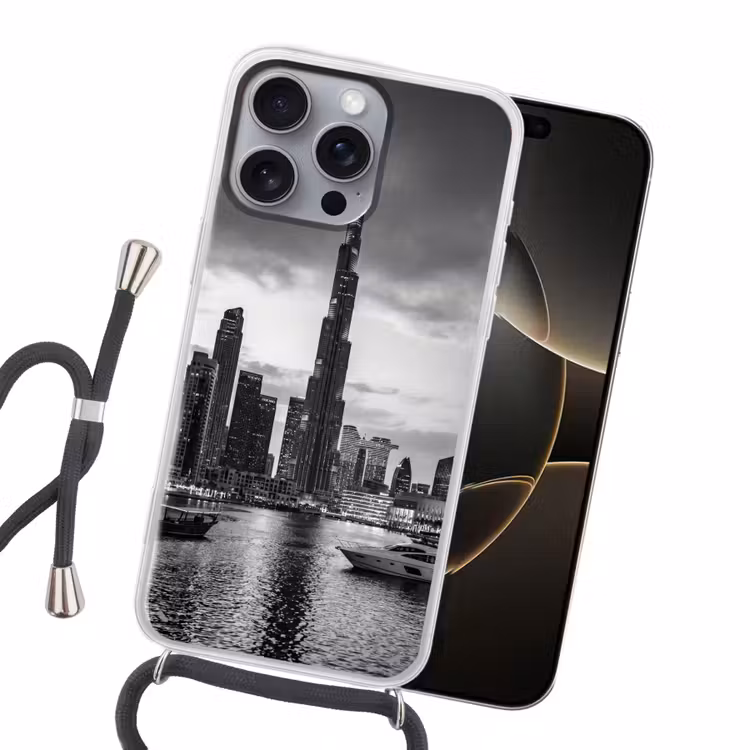 Stad - Skyline - Architectuur - Avond - Zwart-wit Hoesje iPhone 16 Pro Max met koord klein -sfeer1