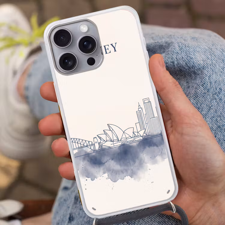 Stad - Skyline - Architectuur - Minimalistisch - Blauw Hoesje iPhone 16 Pro Max met koord klein -sfeer3
