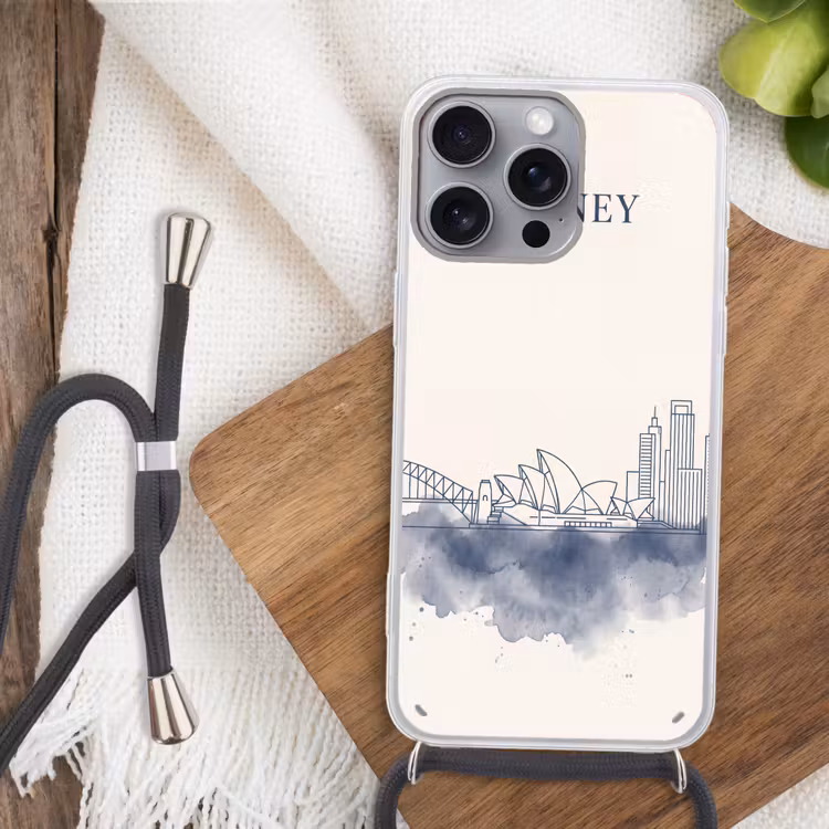 Stad - Skyline - Architectuur - Minimalistisch - Blauw Hoesje iPhone 16 Pro Max met koord klein -sfeer4