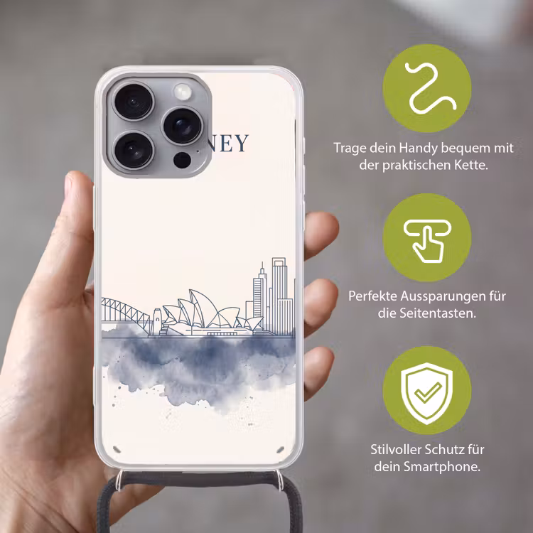 Stad - Skyline - Architectuur - Minimalistisch - Blauw Hoesje iPhone 16 Pro Max met koord klein -sfeer2_DE