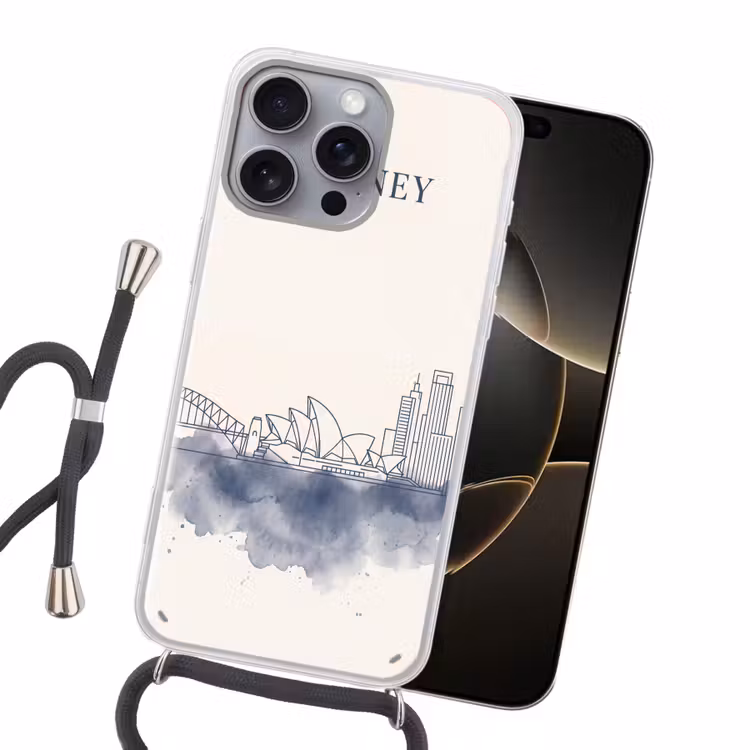 Stad - Skyline - Architectuur - Minimalistisch - Blauw Hoesje iPhone 16 Pro Max met koord klein -sfeer1
