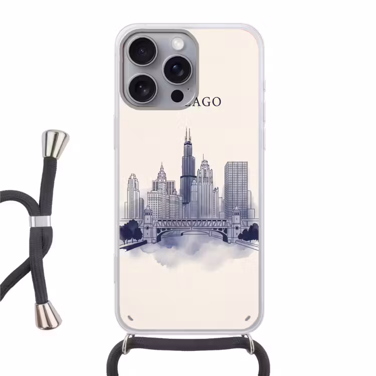 Stad - Skyline - Architectuur - Lijntekening - Blauw Hoesje iPhone 16 Pro Max met koord klein -3d