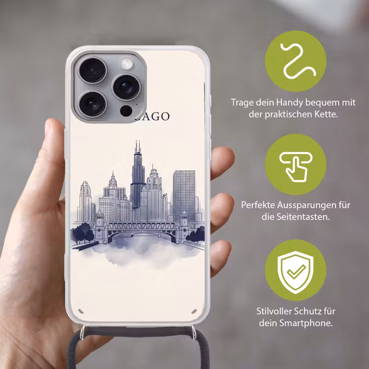 Stad - Skyline - Architectuur - Lijntekening - Blauw Hoesje iPhone 16 Pro Max met koord klein -sfeer2_DE
