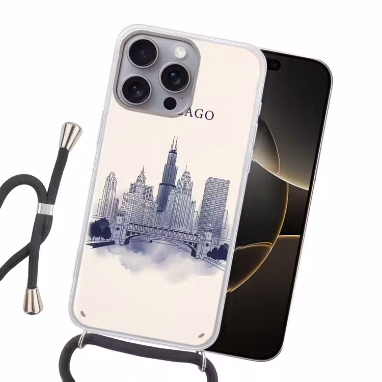 Stad - Skyline - Architectuur - Lijntekening - Blauw Hoesje iPhone 16 Pro Max met koord klein -sfeer1