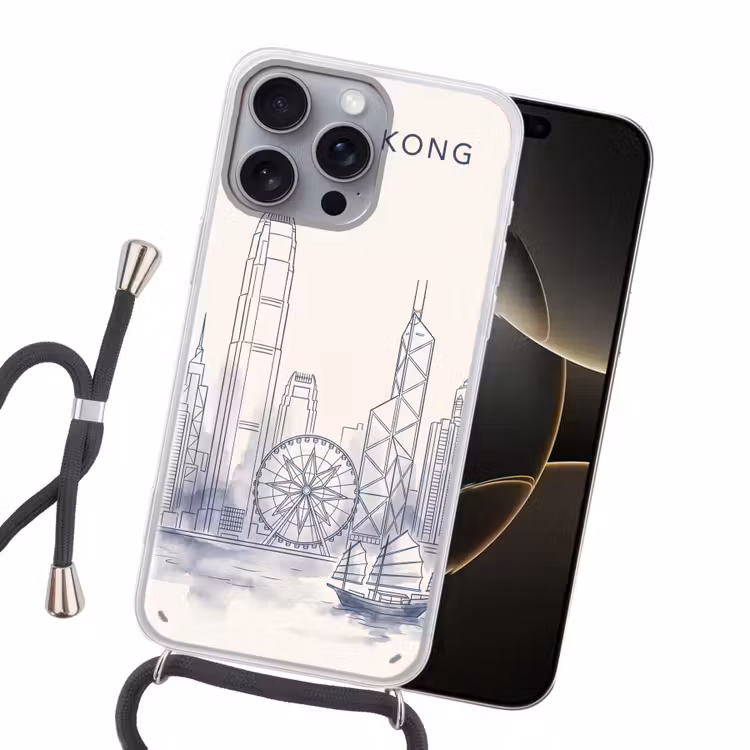 Stad - Skyline - Water - Lijntekening - Blauw Hoesje iPhone 16 Pro Max met koord klein -sfeer1