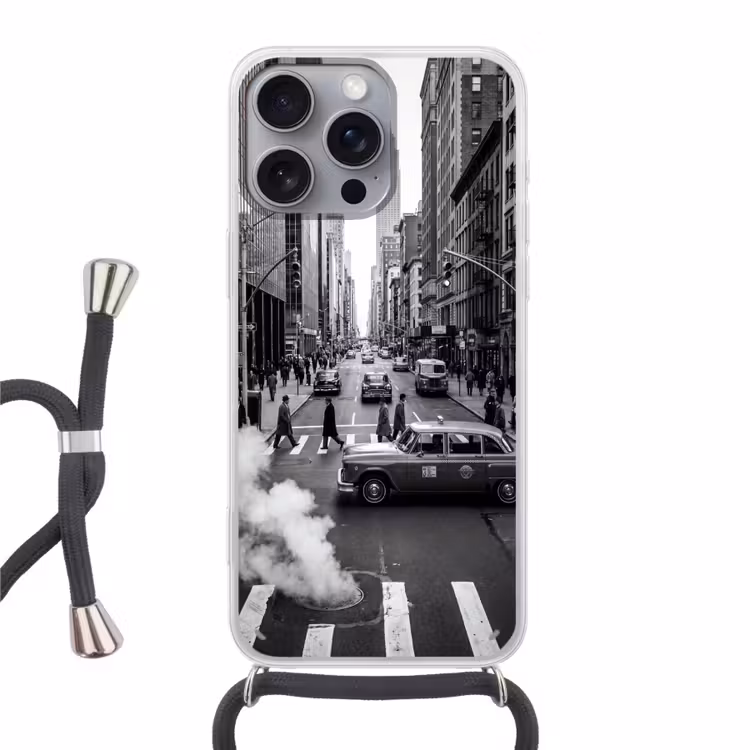 Stad - Straat - Gebouwen - Verkeer - Zwart-wit Hoesje iPhone 16 Pro Max met koord klein -3d