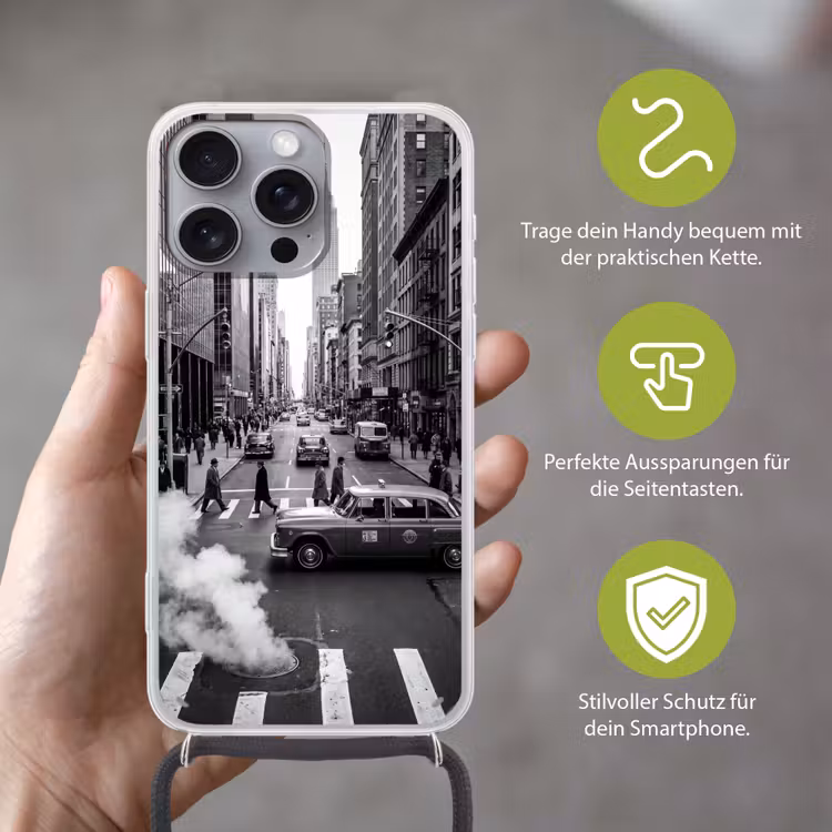 Stad - Straat - Gebouwen - Verkeer - Zwart-wit Hoesje iPhone 16 Pro Max met koord klein -sfeer2_DE