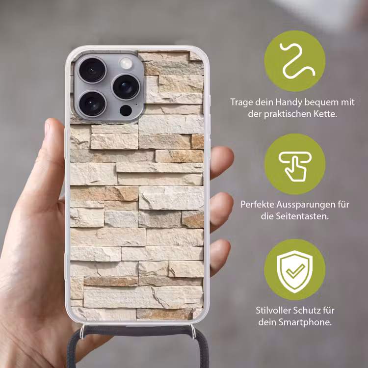 Steen - Muur - Textuur - Rustiek - Beige Hoesje iPhone 16 Pro Max met koord klein -sfeer2_DE