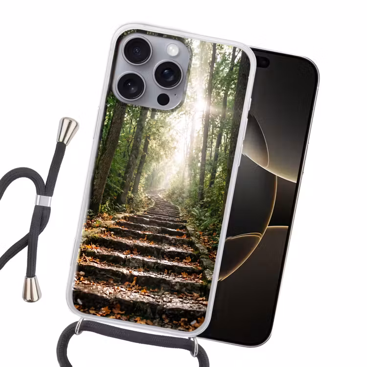 Stenen - Trap - Bos - Natuur Hoesje iPhone 16 Pro Max met koord klein -sfeer1