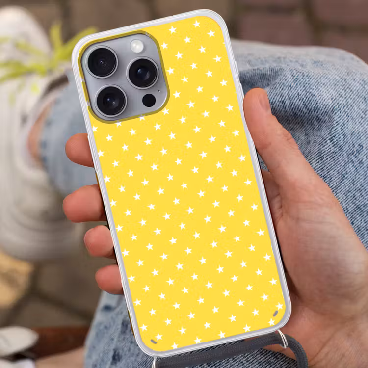 Sterren - Patroon - Minimalistisch - Geel Hoesje iPhone 16 Pro Max met koord klein 804 -sfeer3