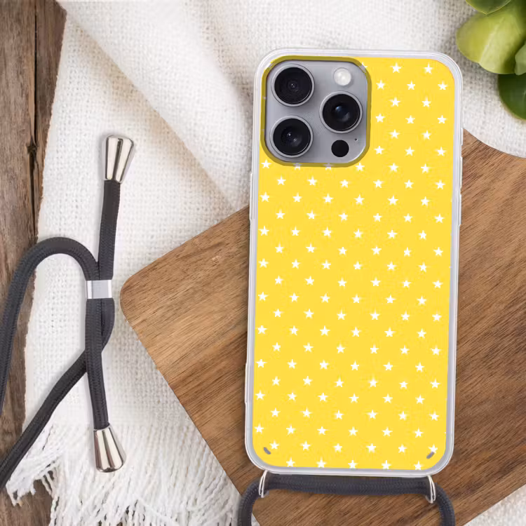 Sterren - Patroon - Minimalistisch - Geel Hoesje iPhone 16 Pro Max met koord klein 804 -sfeer4