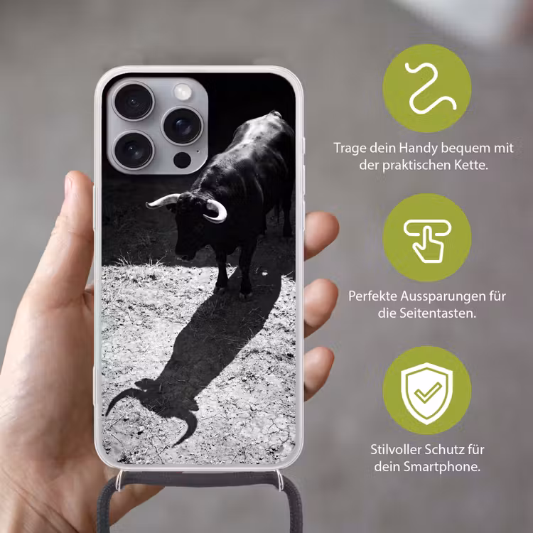 Stier - Schaduw - Dieren - Contrast - Zwart-wit Hoesje iPhone 16 Pro Max met koord klein -sfeer2_DE