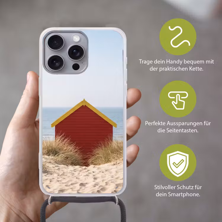 Strand - Huisjes - Kleurrijk - Duinen Hoesje iPhone 16 Pro Max met koord klein -sfeer2_DE