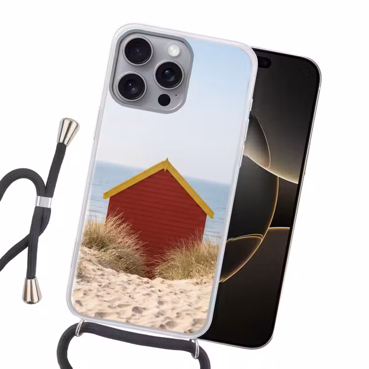 Strand - Huisjes - Kleurrijk - Duinen Hoesje iPhone 16 Pro Max met koord klein -sfeer1