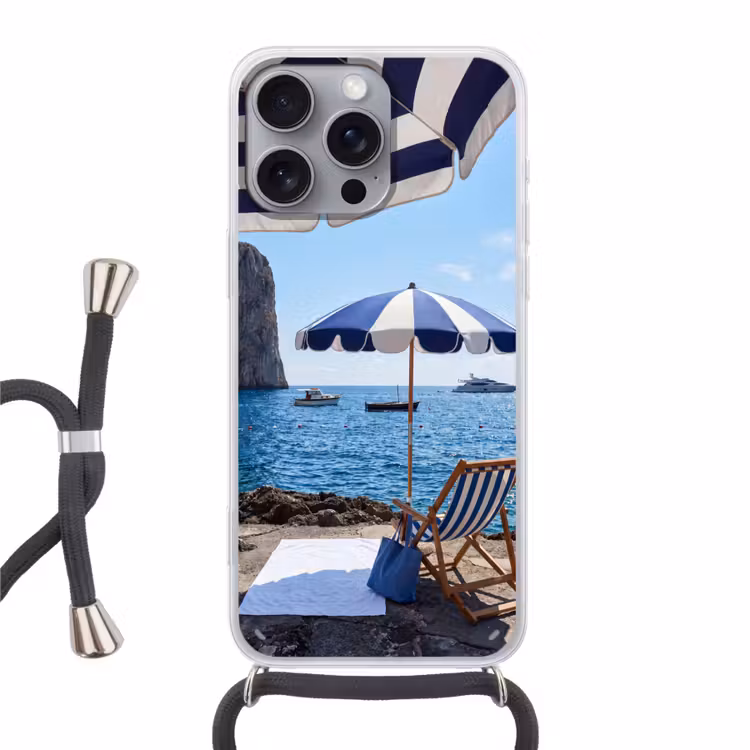 Strand - Ligstoel - Parasol - Zomer - Blauw Hoesje iPhone 16 Pro Max met koord klein -3d