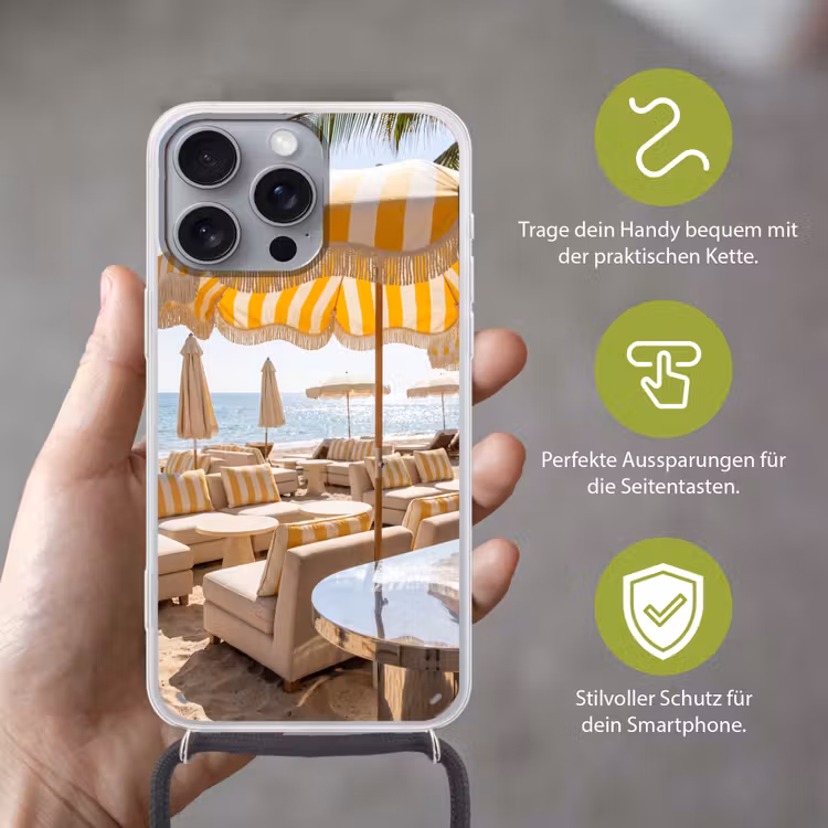 Strand - Ligbedden - Vakantie - Modern - Geel Hoesje iPhone 16 Pro Max met koord klein -sfeer2_DE