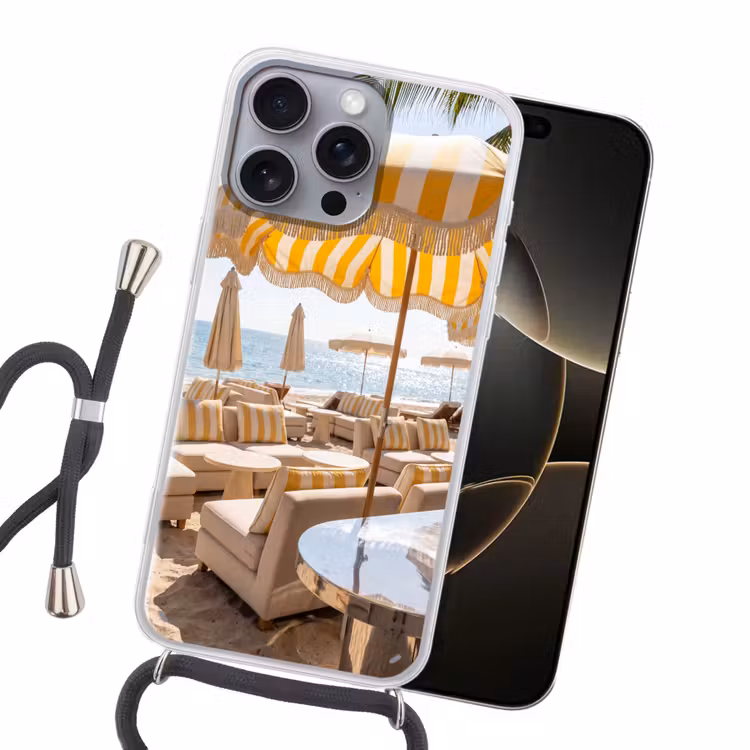 Strand - Ligbedden - Vakantie - Modern - Geel Hoesje iPhone 16 Pro Max met koord klein -sfeer1