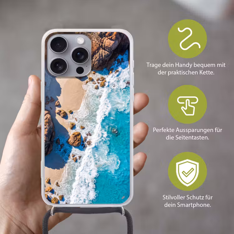 Strand - Zee - Rotsen - Natuur - Blauw Hoesje iPhone 16 Pro Max met koord klein -sfeer2_DE
