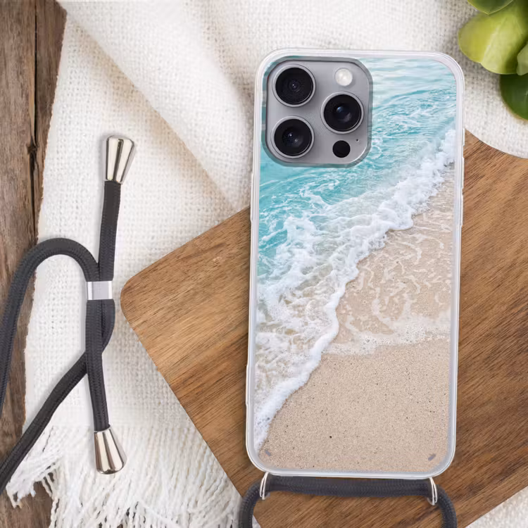 Strand - Zee - Golf - Natuur - Blauw Hoesje iPhone 16 Pro Max met koord klein -sfeer4