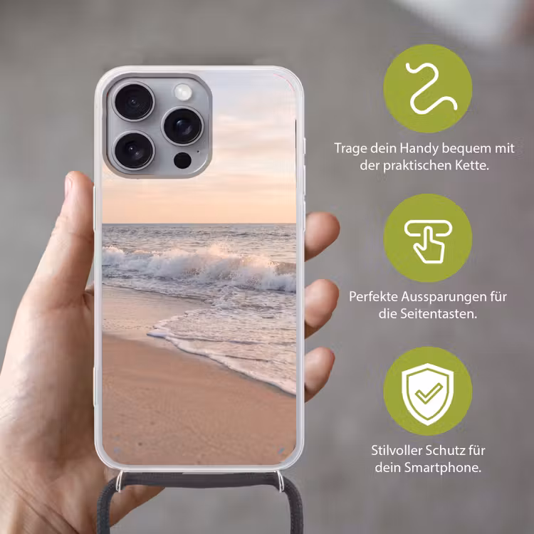Strand - Zee - Golven - Natuur - Zonsondergang Hoesje iPhone 16 Pro Max met koord klein -sfeer2_DE