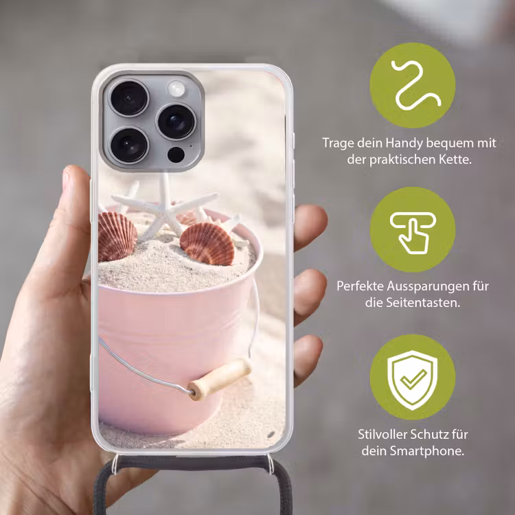 Strand - Schelpen - Zomer - Roze - Decoratie Hoesje iPhone 16 Pro Max met koord klein -sfeer2_DE
