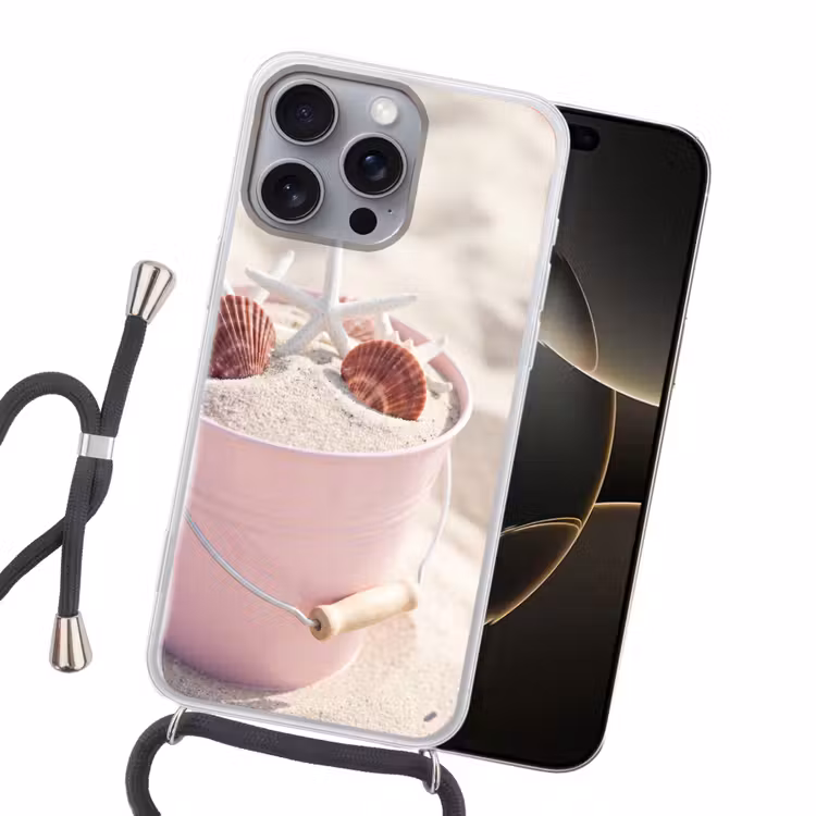 Strand - Schelpen - Zomer - Roze - Decoratie Hoesje iPhone 16 Pro Max met koord klein -sfeer1