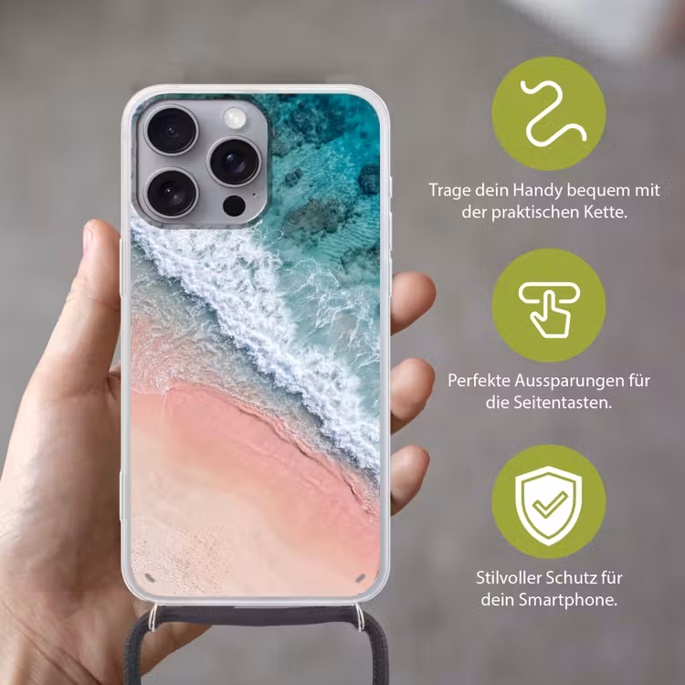 Strand - Oceaan - Golven - Roze Zand - Natuur Hoesje iPhone 16 Pro Max met koord klein -sfeer2_DE