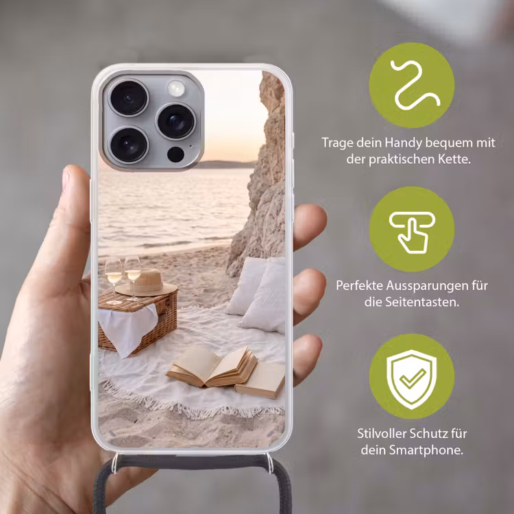 Strand - Picknick - Zonsondergang - Zomer - Natuur Hoesje iPhone 16 Pro Max met koord klein -sfeer2_DE