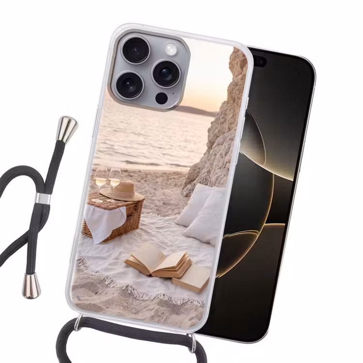 Strand - Picknick - Zonsondergang - Zomer - Natuur Hoesje iPhone 16 Pro Max met koord klein -sfeer1