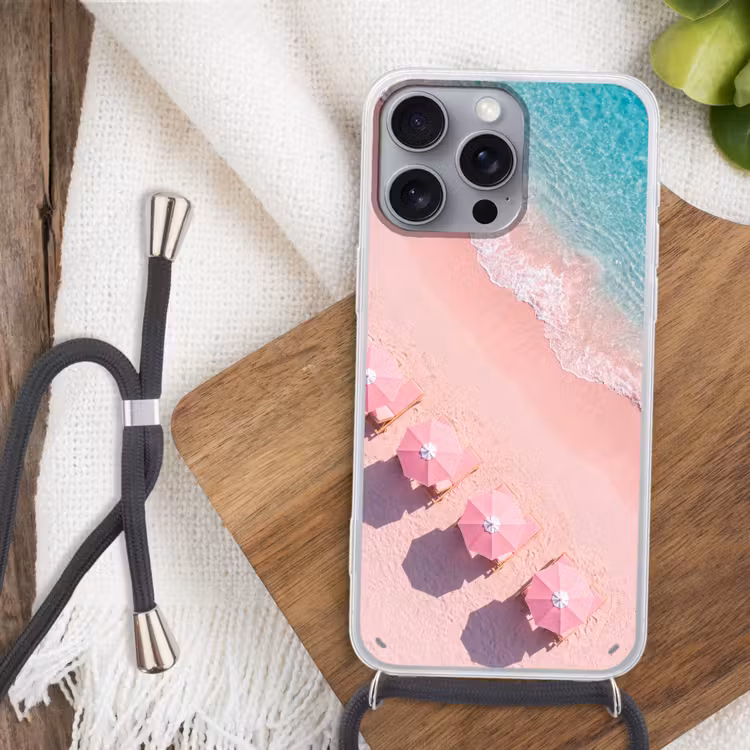Strand - Roze zand - Zee - Zomer - Natuur Hoesje iPhone 16 Pro Max met koord klein -sfeer4