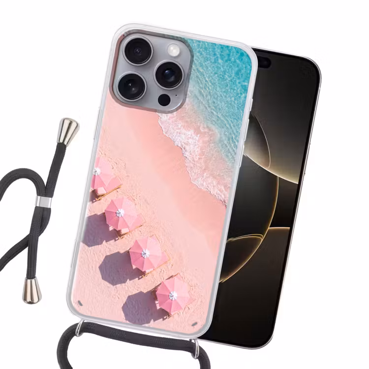 Strand - Roze zand - Zee - Zomer - Natuur Hoesje iPhone 16 Pro Max met koord klein -sfeer1