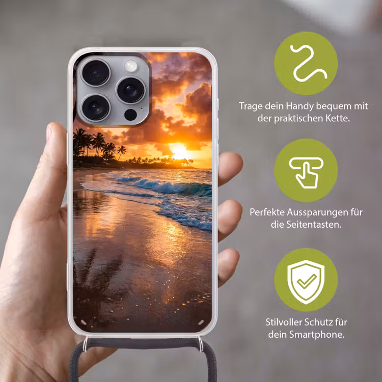 Strand - Zonsopgang - Tropisch - Natuur - Oranje Hoesje iPhone 16 Pro Max met koord klein -sfeer2_DE