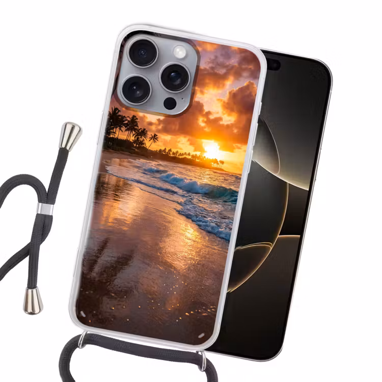 Strand - Zonsopgang - Tropisch - Natuur - Oranje Hoesje iPhone 16 Pro Max met koord klein -sfeer1