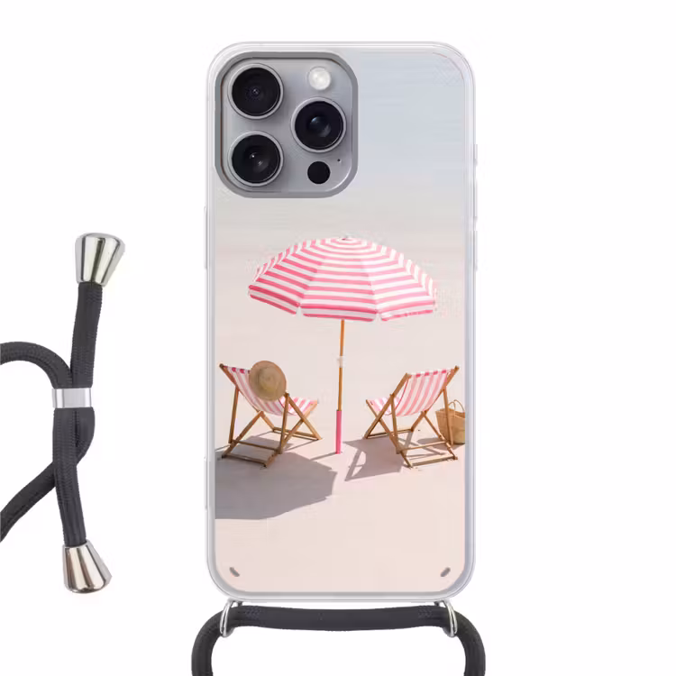 Strand - Parasol - Ligstoel - Zomer - Roze Hoesje iPhone 16 Pro Max met koord klein -3d