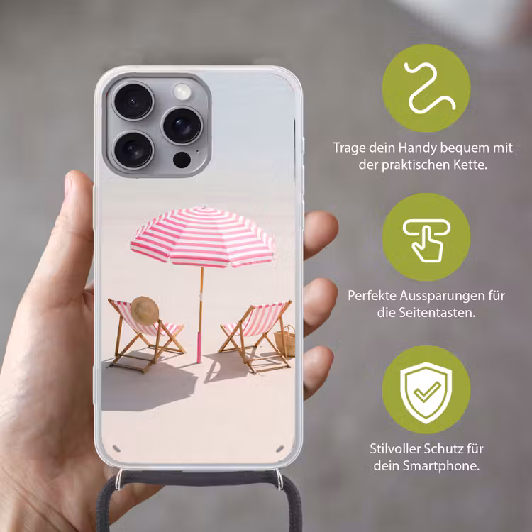 Strand - Parasol - Ligstoel - Zomer - Roze Hoesje iPhone 16 Pro Max met koord klein -sfeer2_DE