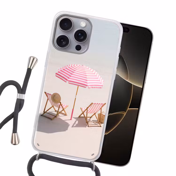 Strand - Parasol - Ligstoel - Zomer - Roze Hoesje iPhone 16 Pro Max met koord klein -sfeer1