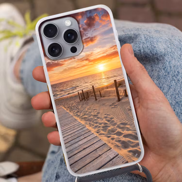 Strand - Zonsondergang - Zee - Natuur - Oranje Hoesje iPhone 16 Pro Max met koord klein -sfeer3