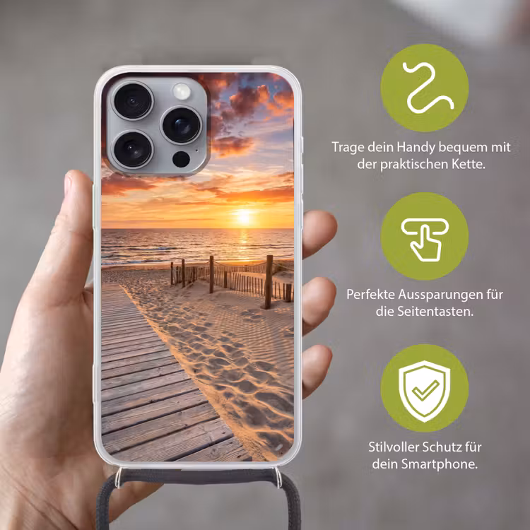 Strand - Zonsondergang - Zee - Natuur - Oranje Hoesje iPhone 16 Pro Max met koord klein -sfeer2_DE