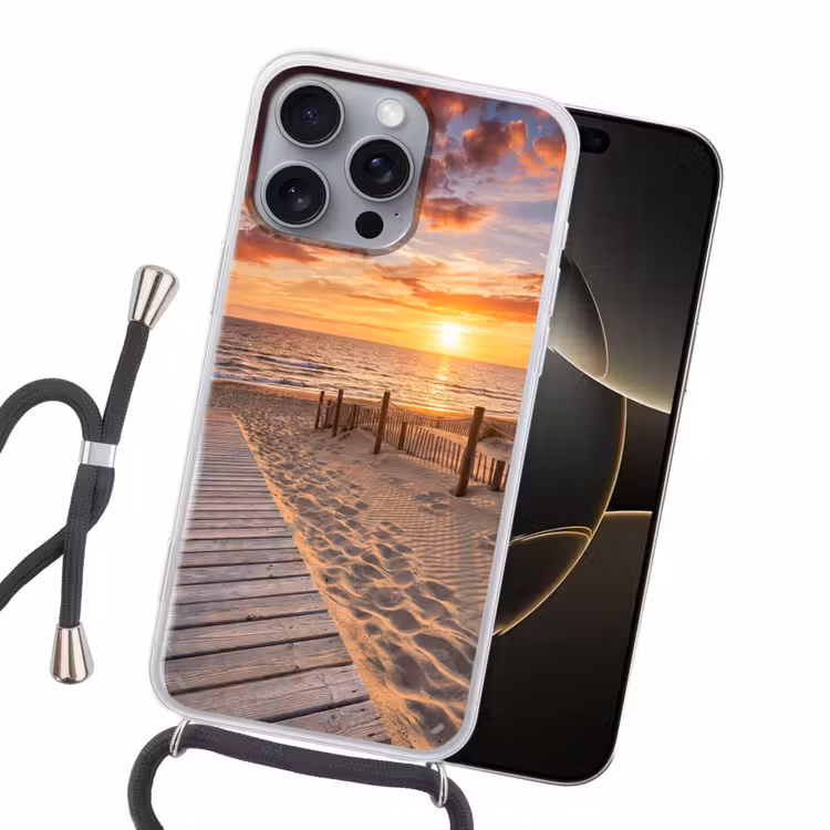 Strand - Zonsondergang - Zee - Natuur - Oranje Hoesje iPhone 16 Pro Max met koord klein -sfeer1