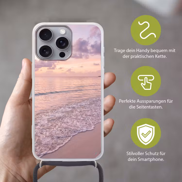 Strand - Zonsondergang - Natuur - Minimalistisch - Roze Hoesje iPhone 16 Pro Max met koord klein -sfeer2_DE