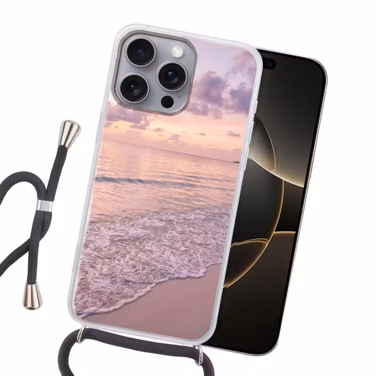 Strand - Zonsondergang - Natuur - Minimalistisch - Roze Hoesje iPhone 16 Pro Max met koord klein -sfeer1