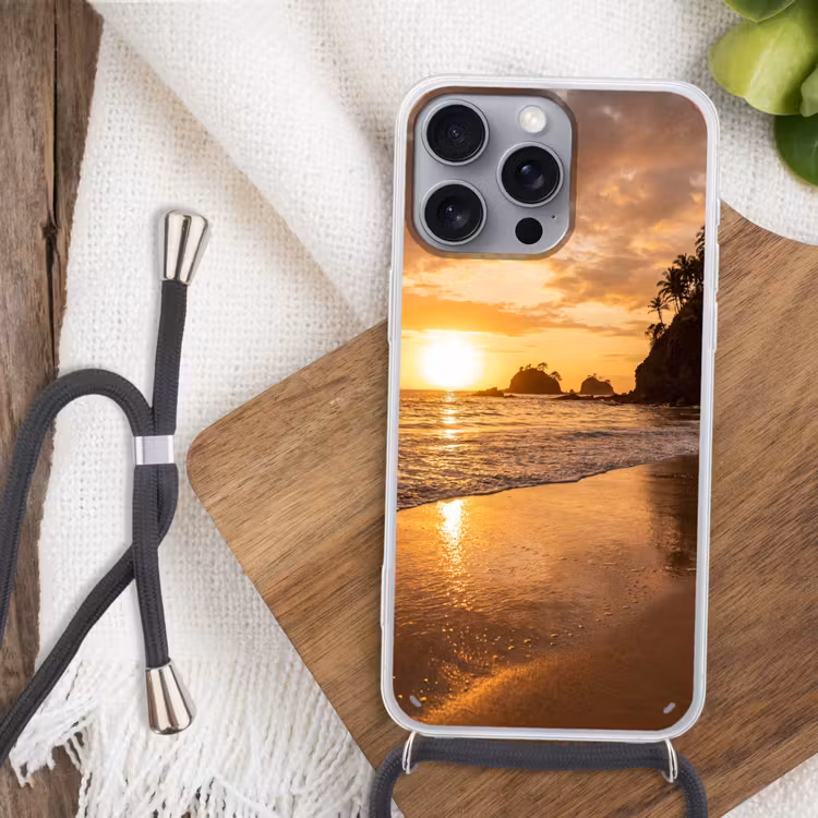 Strand - Zonsondergang - Natuur - Tropisch - Oranje Hoesje iPhone 16 Pro Max met koord klein -sfeer4