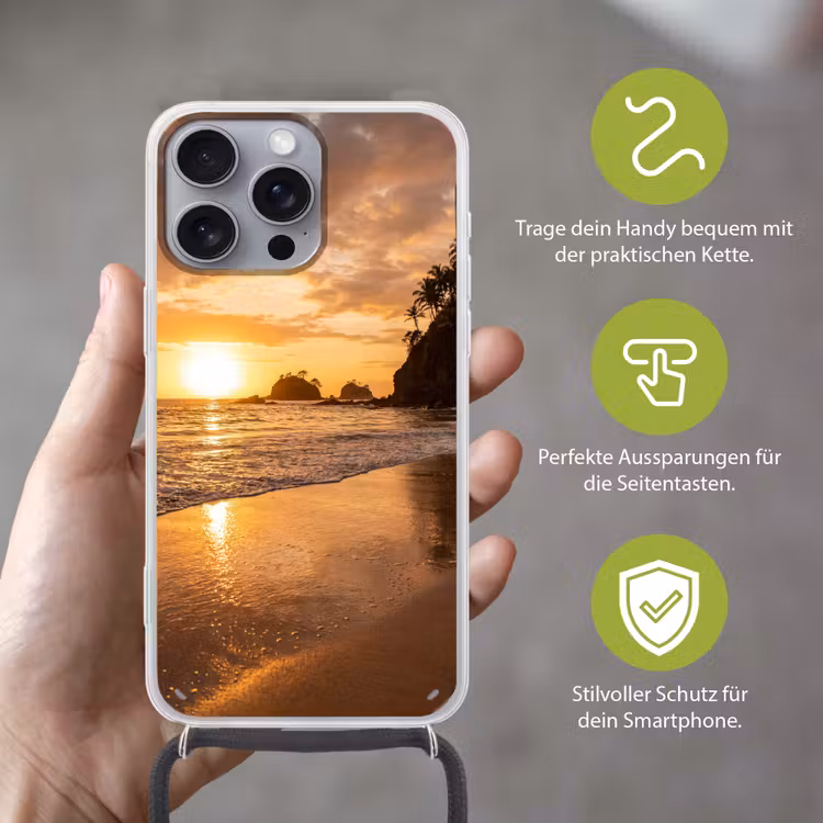 Strand - Zonsondergang - Natuur - Tropisch - Oranje Hoesje iPhone 16 Pro Max met koord klein -sfeer2_DE