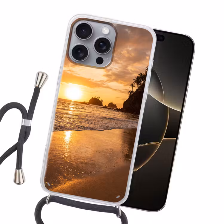 Strand - Zonsondergang - Natuur - Tropisch - Oranje Hoesje iPhone 16 Pro Max met koord klein -sfeer1