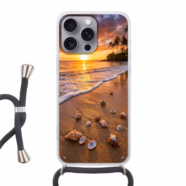 Strand - Zonsondergang - Palmbomen - Natuur - Oranje Hoesje iPhone 16 Pro Max met koord klein -3d