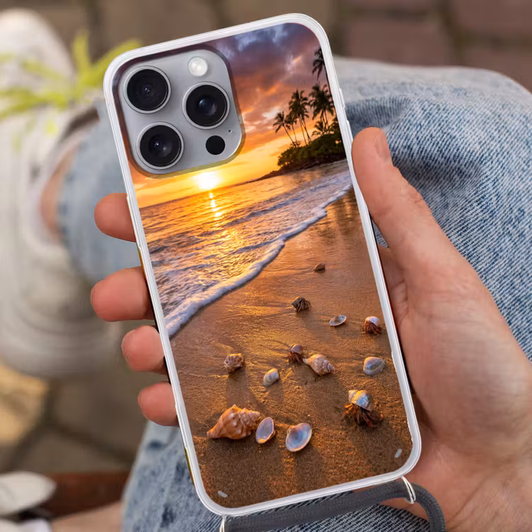 Strand - Zonsondergang - Palmbomen - Natuur - Oranje Hoesje iPhone 16 Pro Max met koord klein -sfeer3