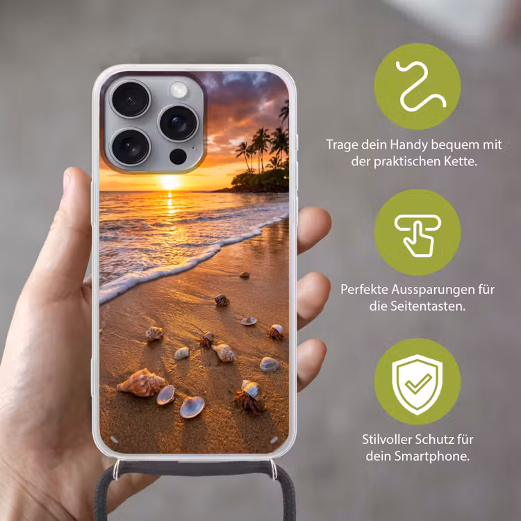 Strand - Zonsondergang - Palmbomen - Natuur - Oranje Hoesje iPhone 16 Pro Max met koord klein -sfeer2_DE
