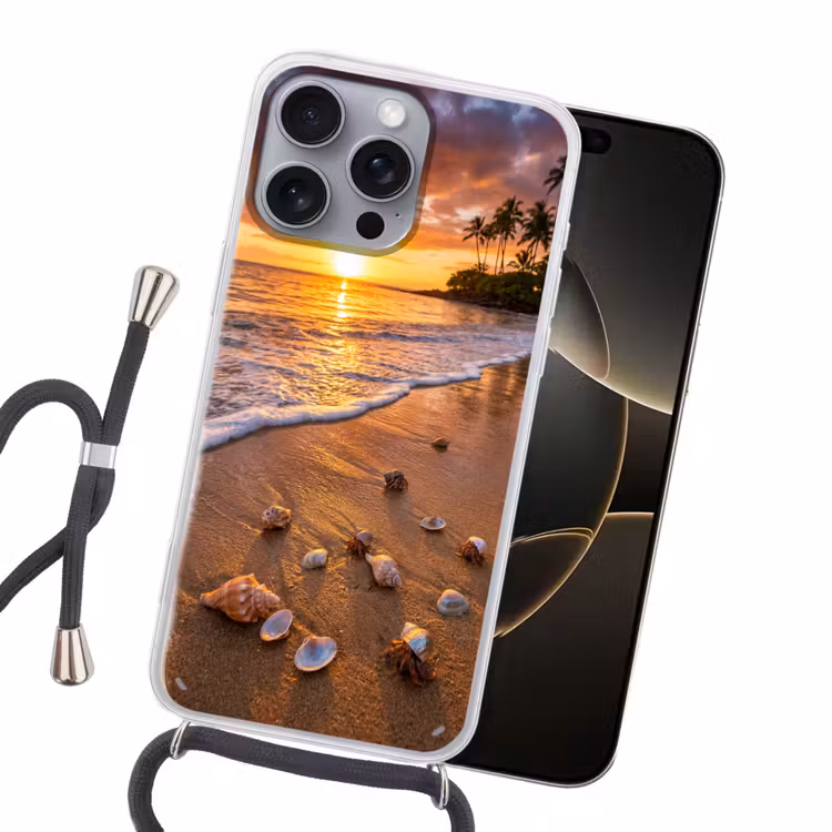 Strand - Zonsondergang - Palmbomen - Natuur - Oranje Hoesje iPhone 16 Pro Max met koord klein -sfeer1